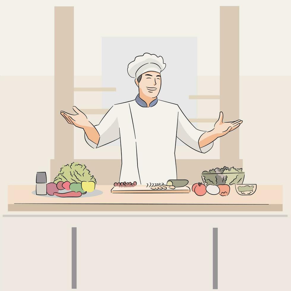 Mens net zo chef Koken voedsel in de keuken portie fijnproever professioneel kookplaat vector