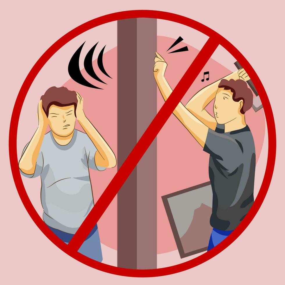 Mens hameren luid Aan muur verontrustend buurman sluitend oren stresserend staat vector