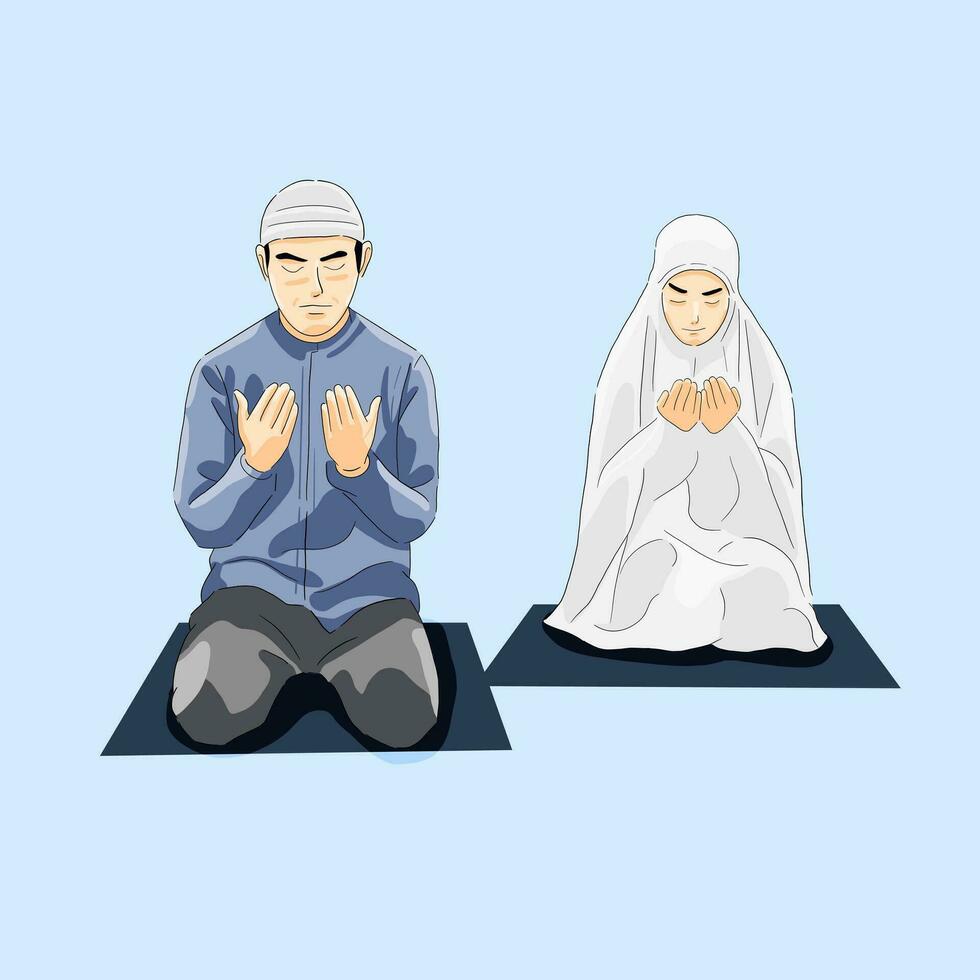 Mens en Dames zittend bidden naar Allah aanbidden vergiffenis en zikr vector