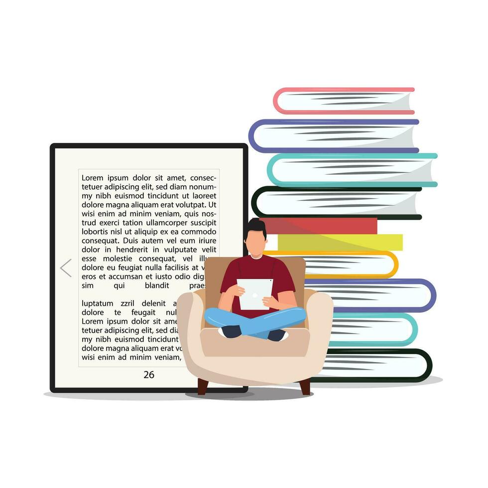 Mens zittend in de fauteuil en lezing een ebook vector