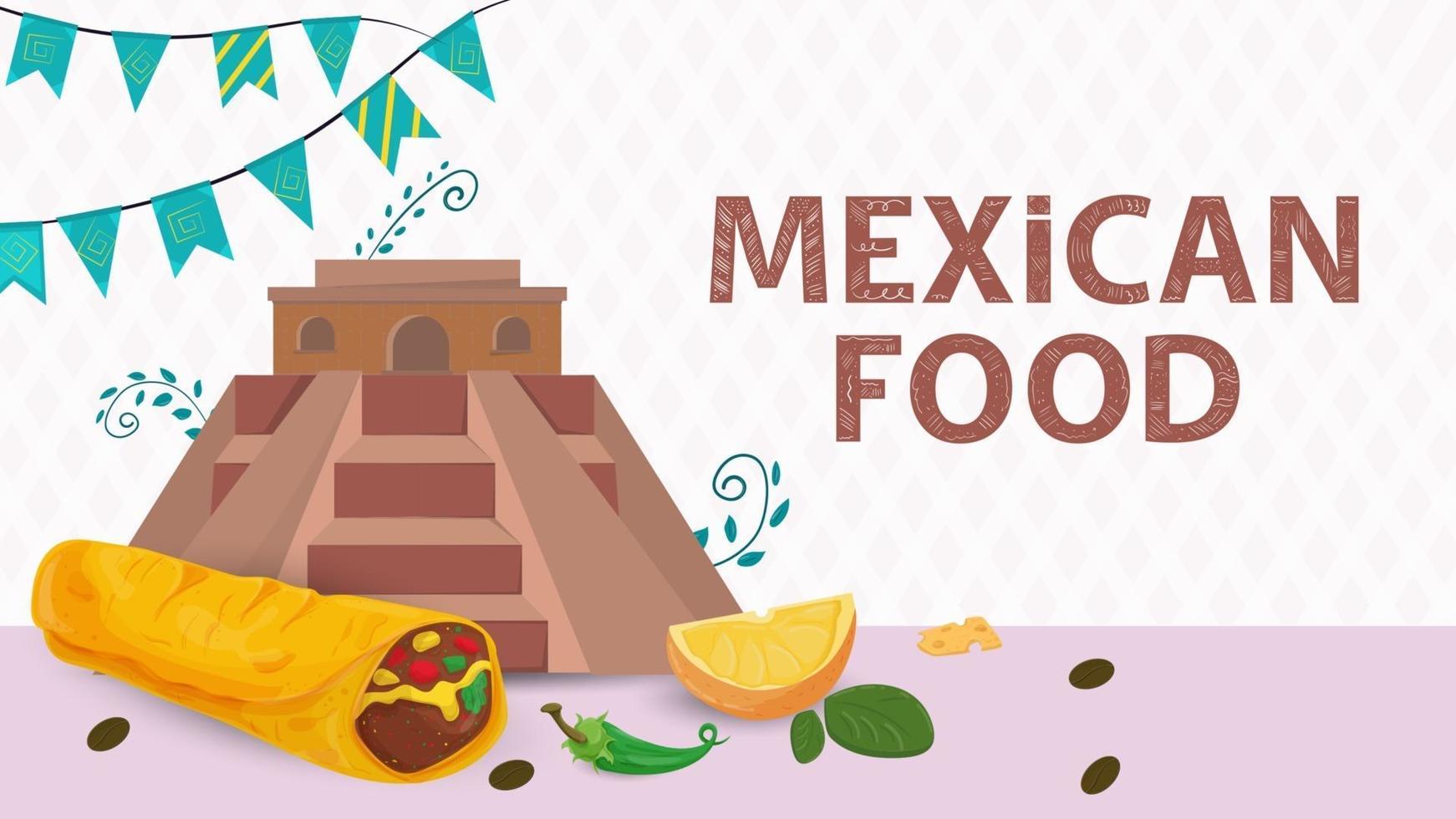 banner afbeelding voor een ontwerp in een vlakke stijl op het thema van Mexicaans eten de inscriptie naam een grote piramide van indianen en een burrito tortilla vector