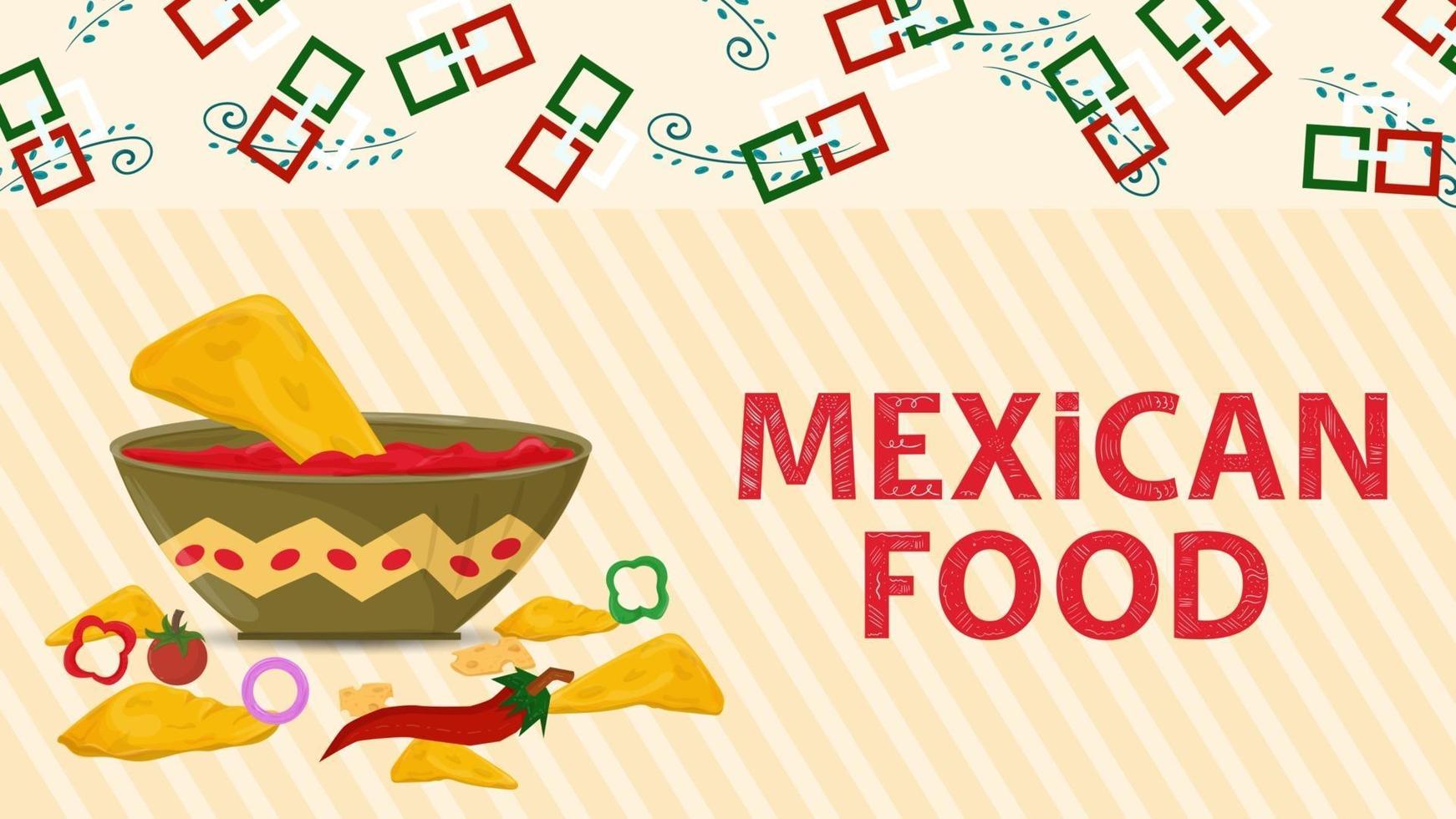 bannerillustratie voor een ontwerp in een vlakke stijl op het thema van Mexicaans eten inscriptie naam grote kop salsasaus vector