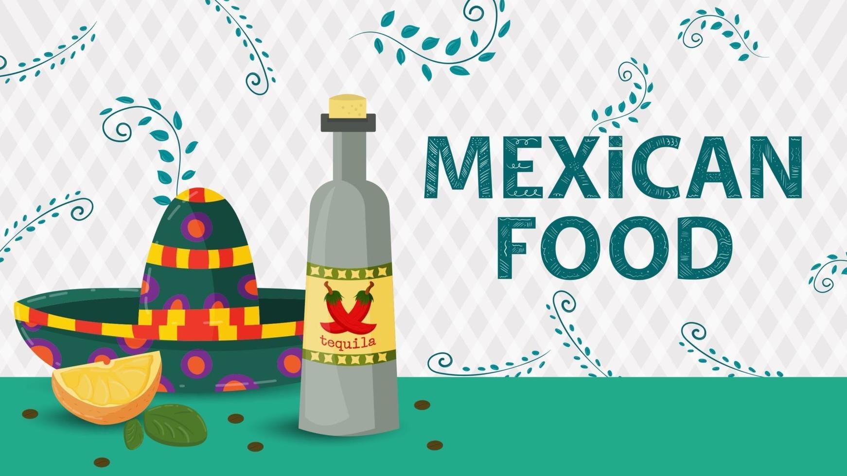 bannerillustratie voor een ontwerp in een vlakke stijl op het thema van Mexicaans eten inscriptie naam sombrero hoed en een fles tequiladrank vector