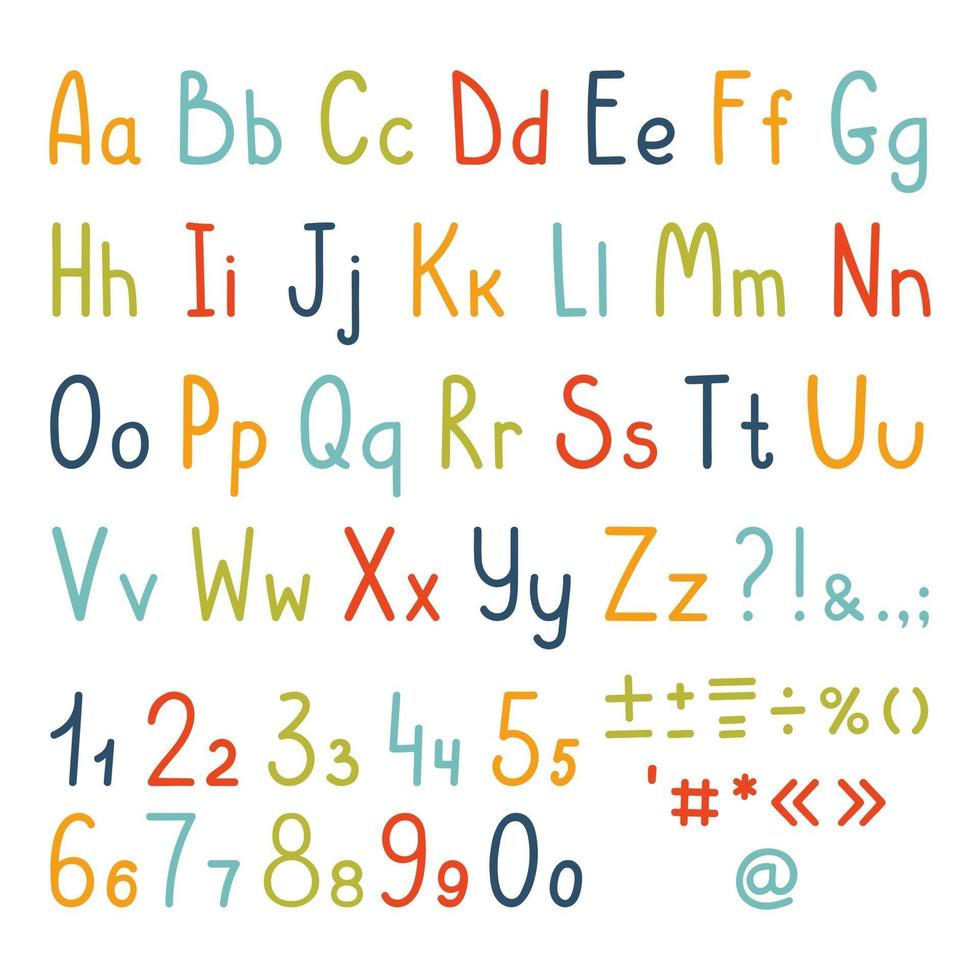 schattige alfabet set van eenvoudige kid's handgeschreven letters, cijfers en leestekens. kleine letters en hoofdletters. vector set geïsoleerd op een witte achtergrond.