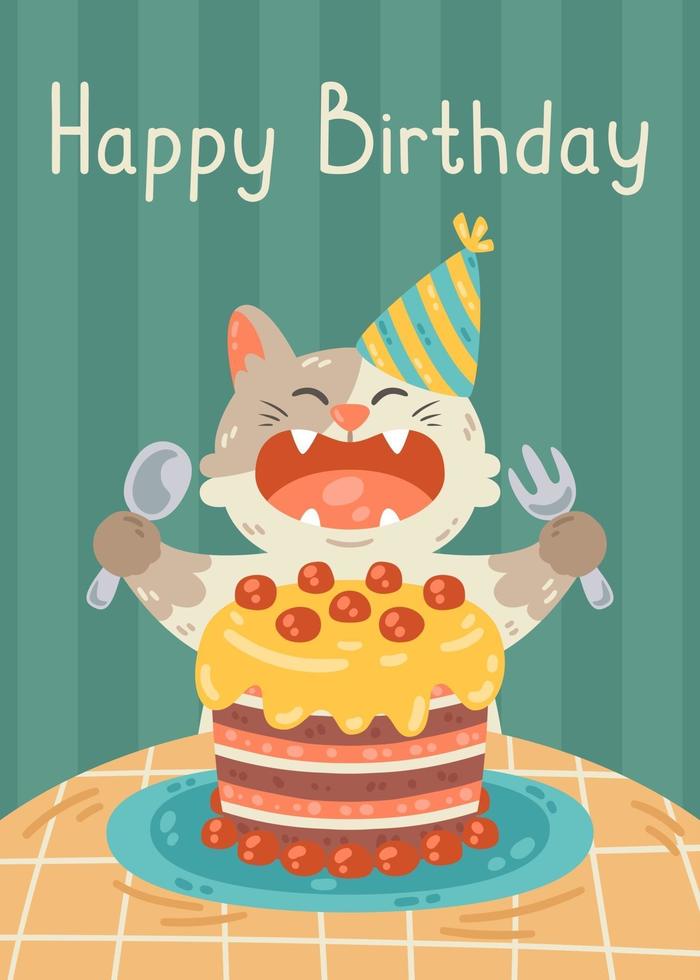 gelukkige verjaardag-wenskaart met kat, cake, feestmuts. de kat opende zijn mond om de verjaardagstaart te eten met een vork en lepel. vectorillustratie voor briefkaart, print, poster. vector