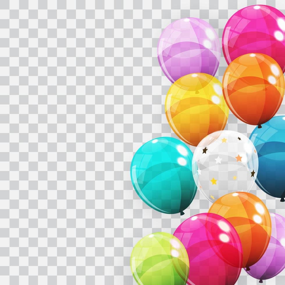 groep van kleur glanzende helium ballonnen achtergrond. set ballonnen voor verjaardag, jubileum, feestdecoraties. vector illustratie