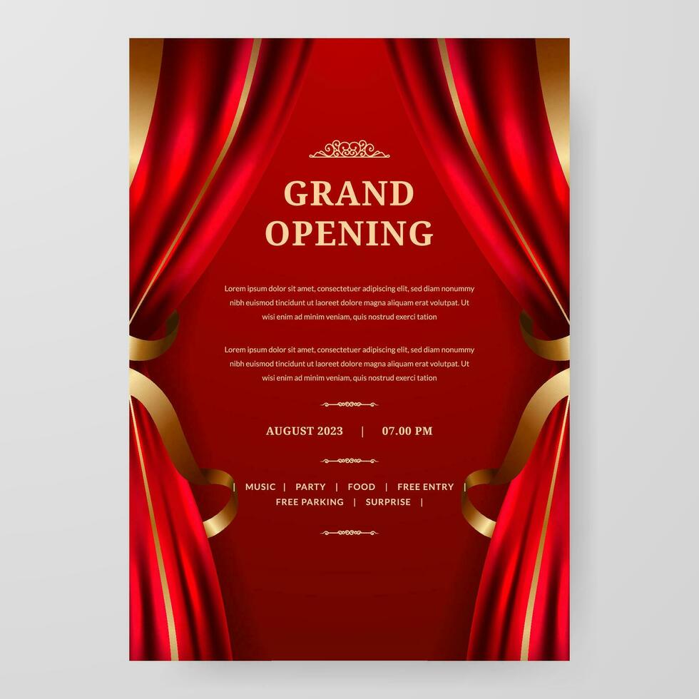 groots opening met rood gordijn en gouden ornament decoratie poster Aankondiging partij stadium theater met rood achtergrond vector