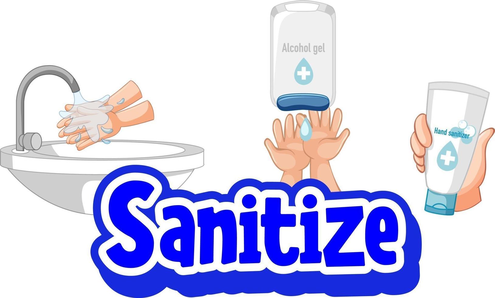 ontsmet lettertype in cartoonstijl met handen wassen met waterkraan en ontsmettingsproducten vector