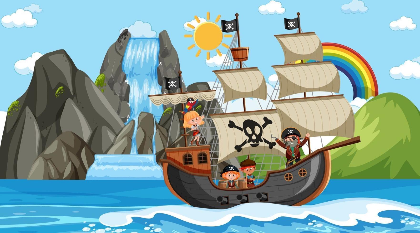 strand met piratenschip overdag in cartoon-stijl vector