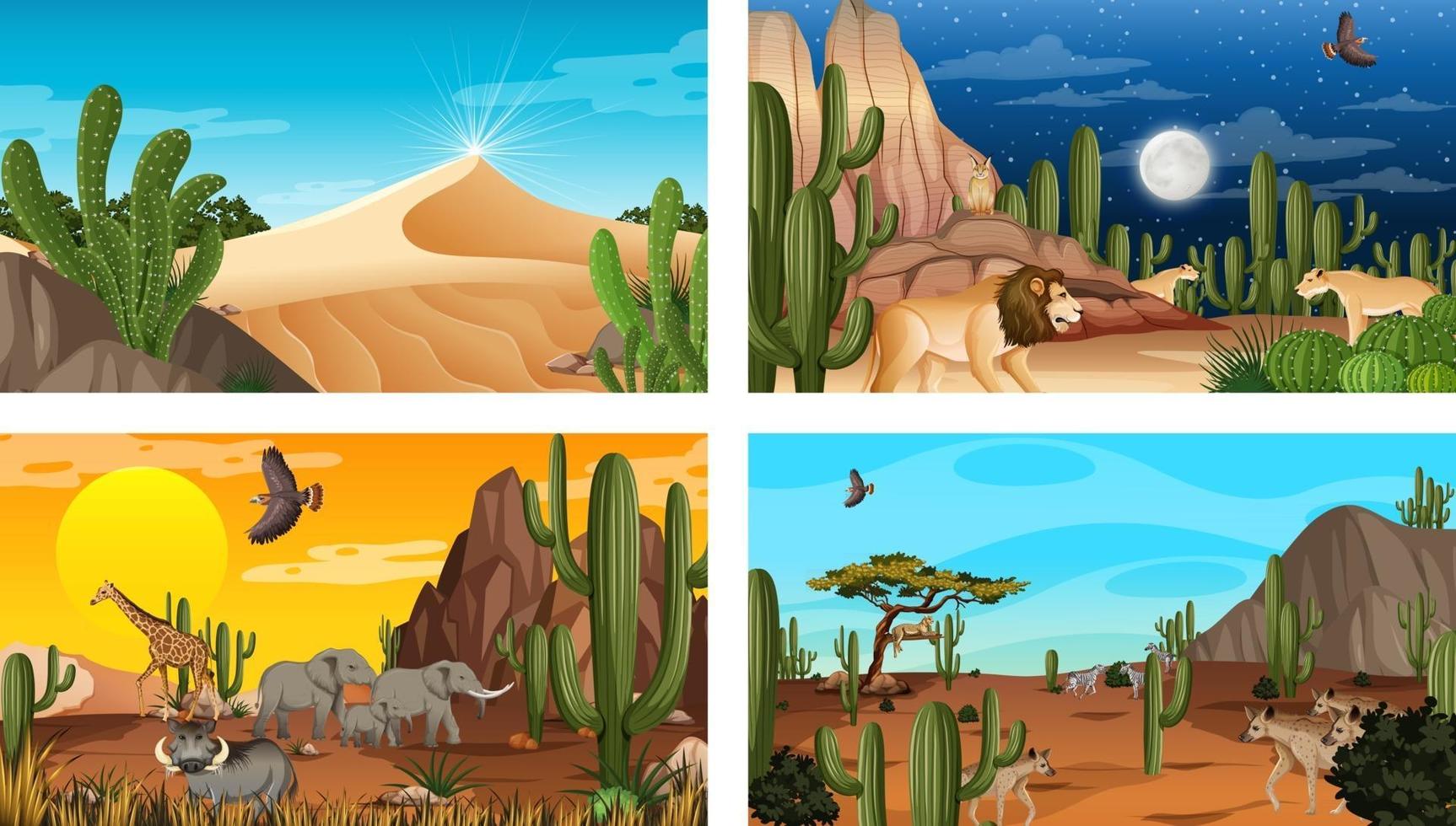 verschillende scènes met woestijnboslandschap met dieren en planten vector