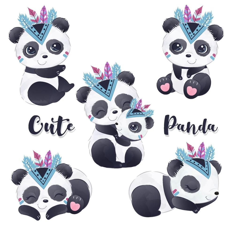 schattige kleine boho panda's collectie in aquarel vector