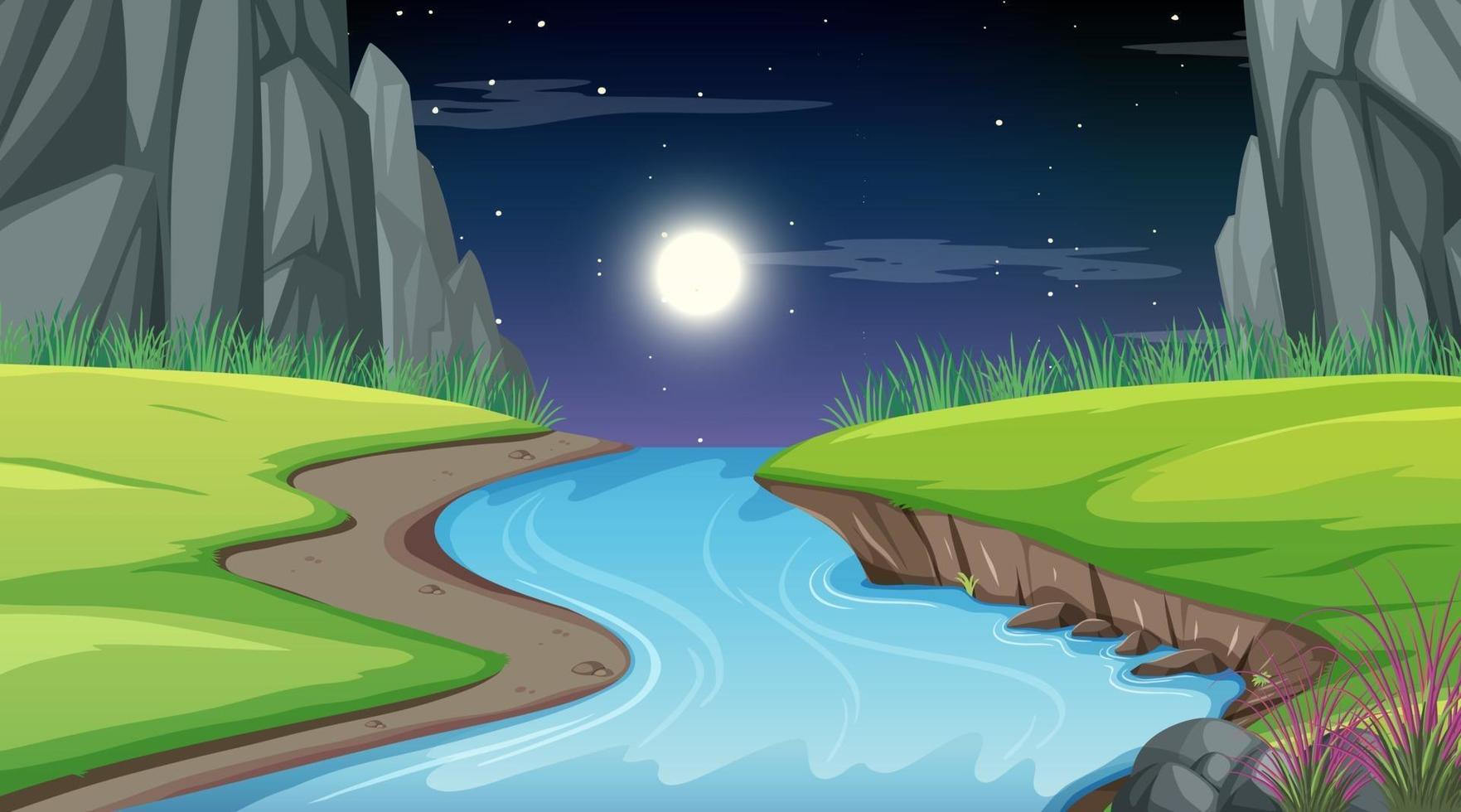 natuur boslandschap bij nachtscène met lange rivier die door de weide stroomt vector