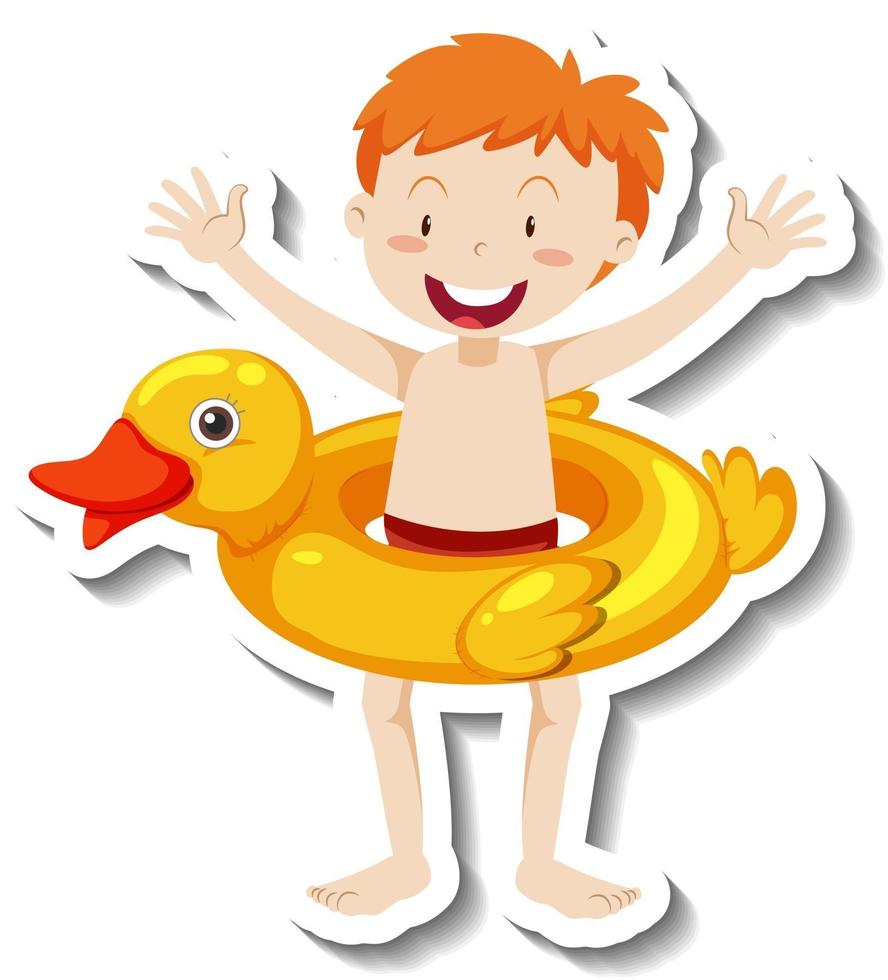 een stickersjabloon van een jongen met zwemring van een eend vector