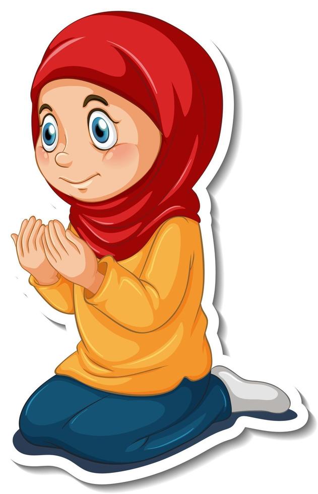 een stickersjabloon met een moslimmeisje dat een stripfiguur bidt vector
