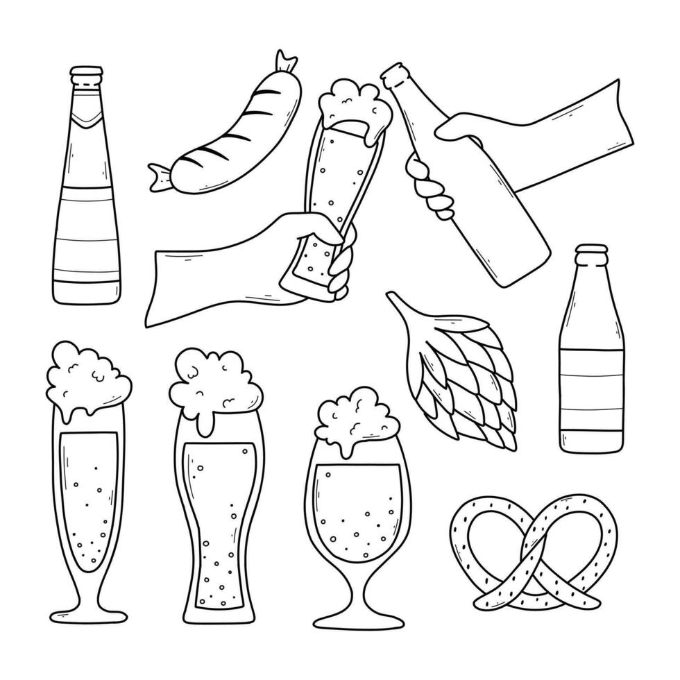 reeks van bier elementen in tekening stijl. vector illustratie. lineair verzameling van bril van bier, flessen van bier en bier snacks.