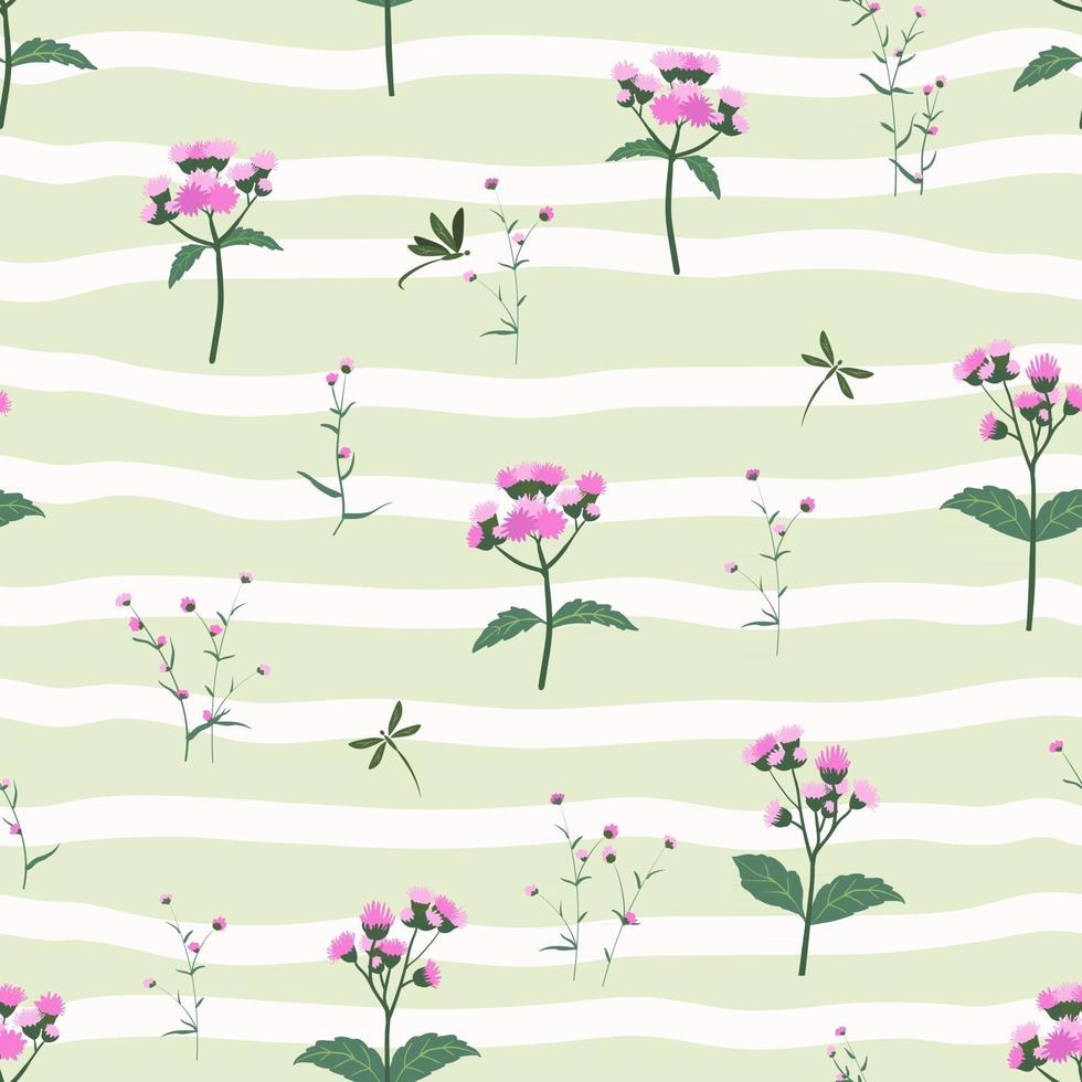 naadloos patroon met paarse wilde bloemen op gestripte achtergrond vector