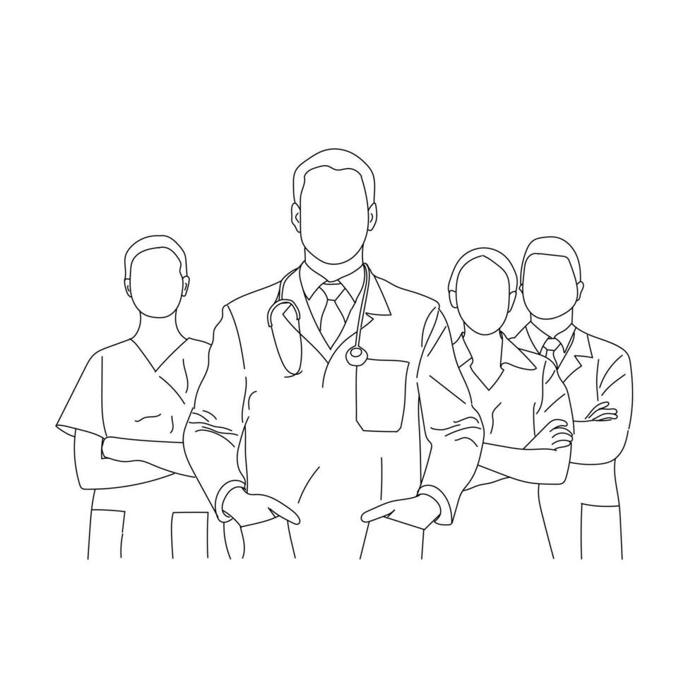 groep van medisch personeel. mannetje en vrouw Gezondheid arbeiders zijn geïsoleerd Aan een wit achtergrond. medisch arbeiders vector lijn tekening van een team van artsen.