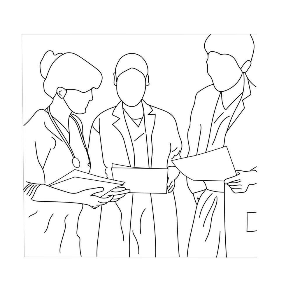 groep van medisch personeel. mannetje en vrouw Gezondheid arbeiders zijn geïsoleerd Aan een wit achtergrond. medisch arbeiders vector lijn tekening van een team van artsen.