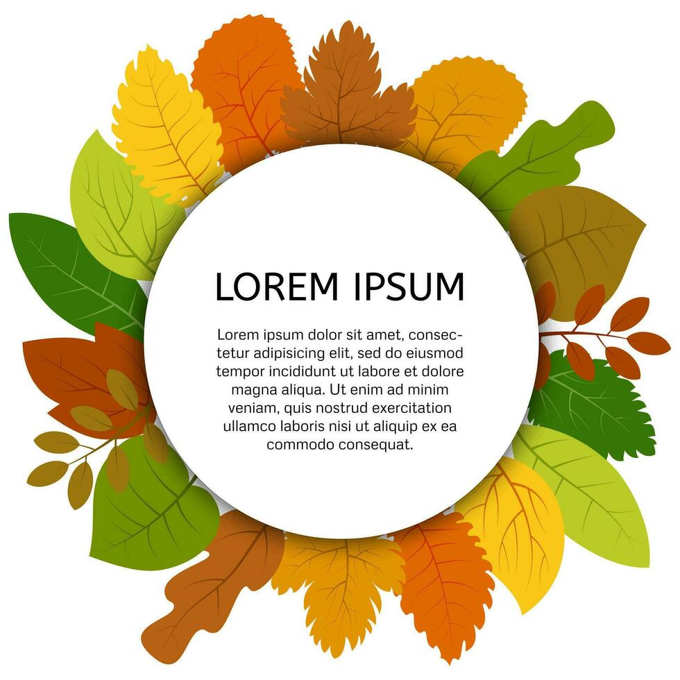 kleurrijk herfst bladeren onder wit ronde label. vector kaart met geel bladeren geïsoleerd Aan wit achtergrond