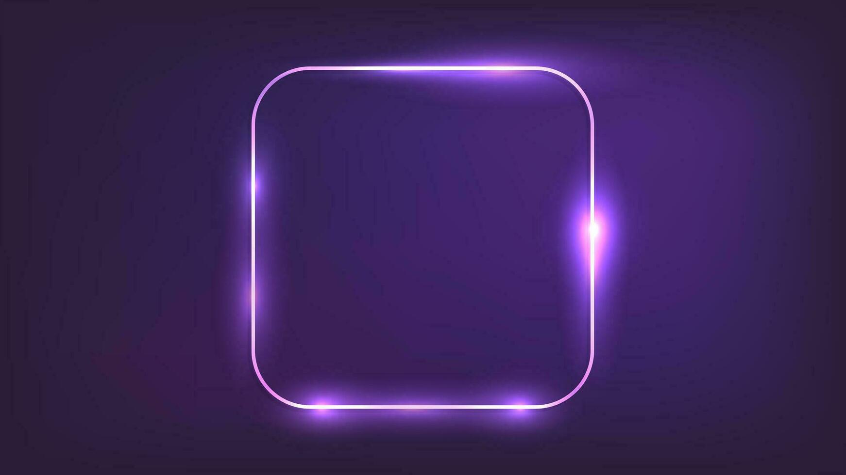 neon afgerond vierkant frame met glanzende effecten op een donkere achtergrond. lege gloeiende techno achtergrond. vectorillustratie. vector