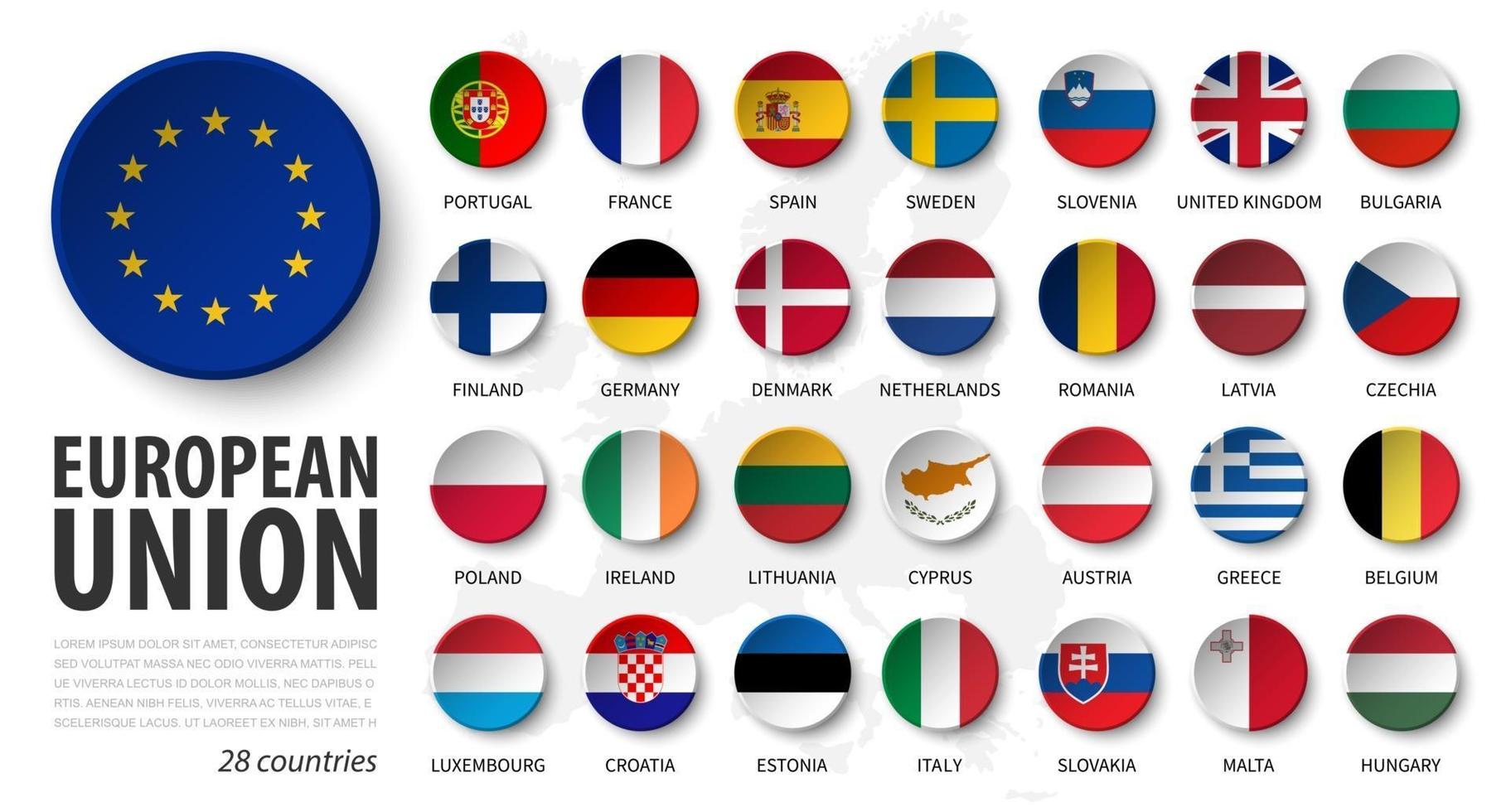 Europeese Unie . eu en lidmaatschapsvlaggen. 3d ontwerp van het element van de gootsteencirkel. witte geïsoleerde achtergrond en europa kaart. vector. vector