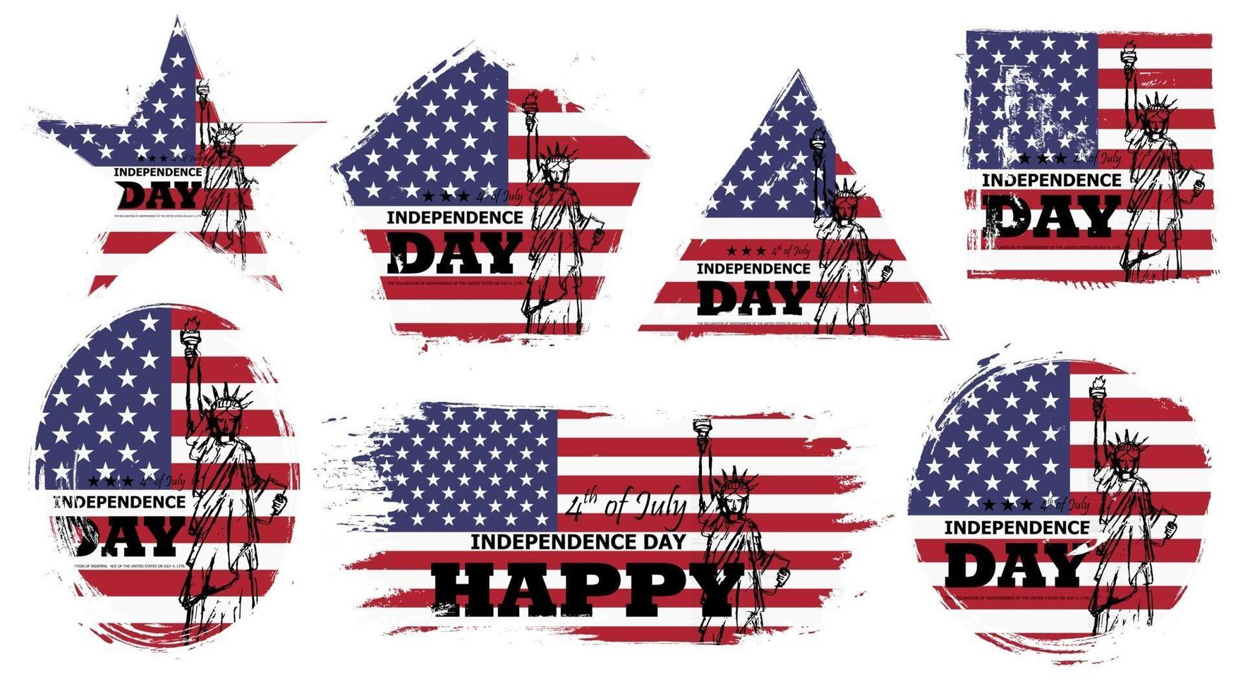 4 juli onafhankelijkheidsdag van de VS. set van verschillende grunge-vorm met amerika vlag en vrijheidsstandbeeld tekening ontwerp. elementen vector