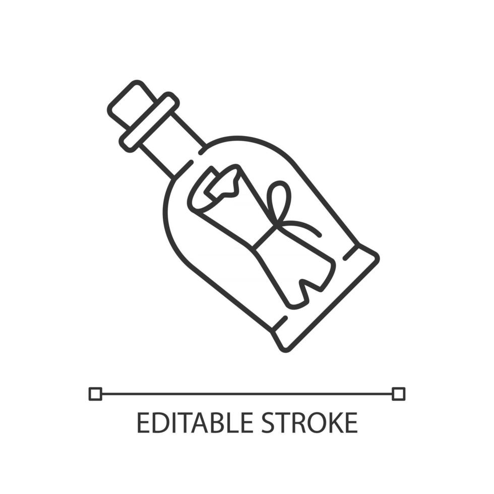 bericht in fles lineaire pictogram. gescrollde notitie in glas met kurk. puzzels oplossen. dunne lijn aanpasbare illustratie. contour symbool. vector geïsoleerde overzichtstekening. bewerkbare streek