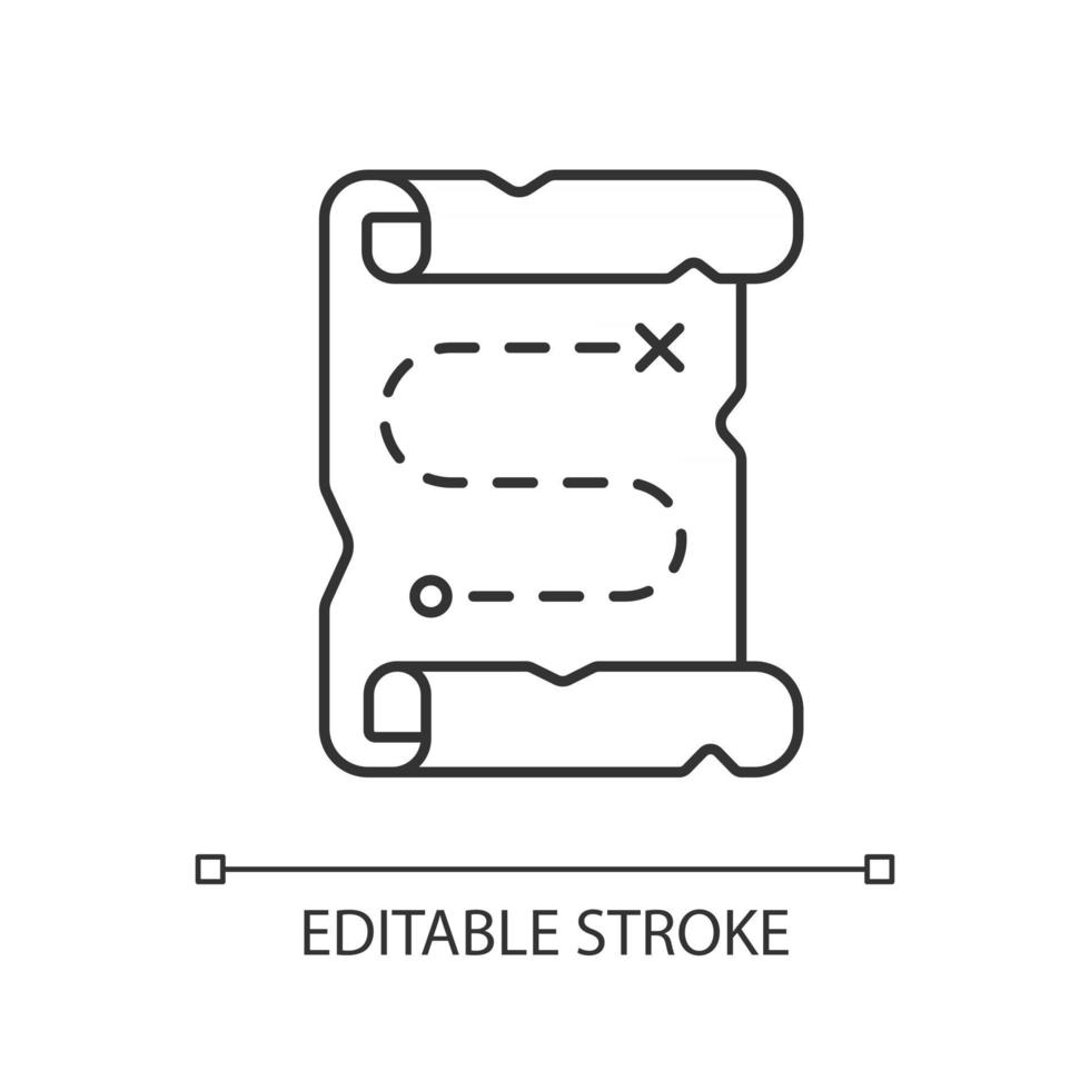 lineaire kaartpictogram. op zoek naar piratenschat. gemarkeerd pad op vintage scroll. aanwijzingen voor raadsels. dunne lijn aanpasbare illustratie. contour symbool. vector geïsoleerde overzichtstekening. bewerkbare streek