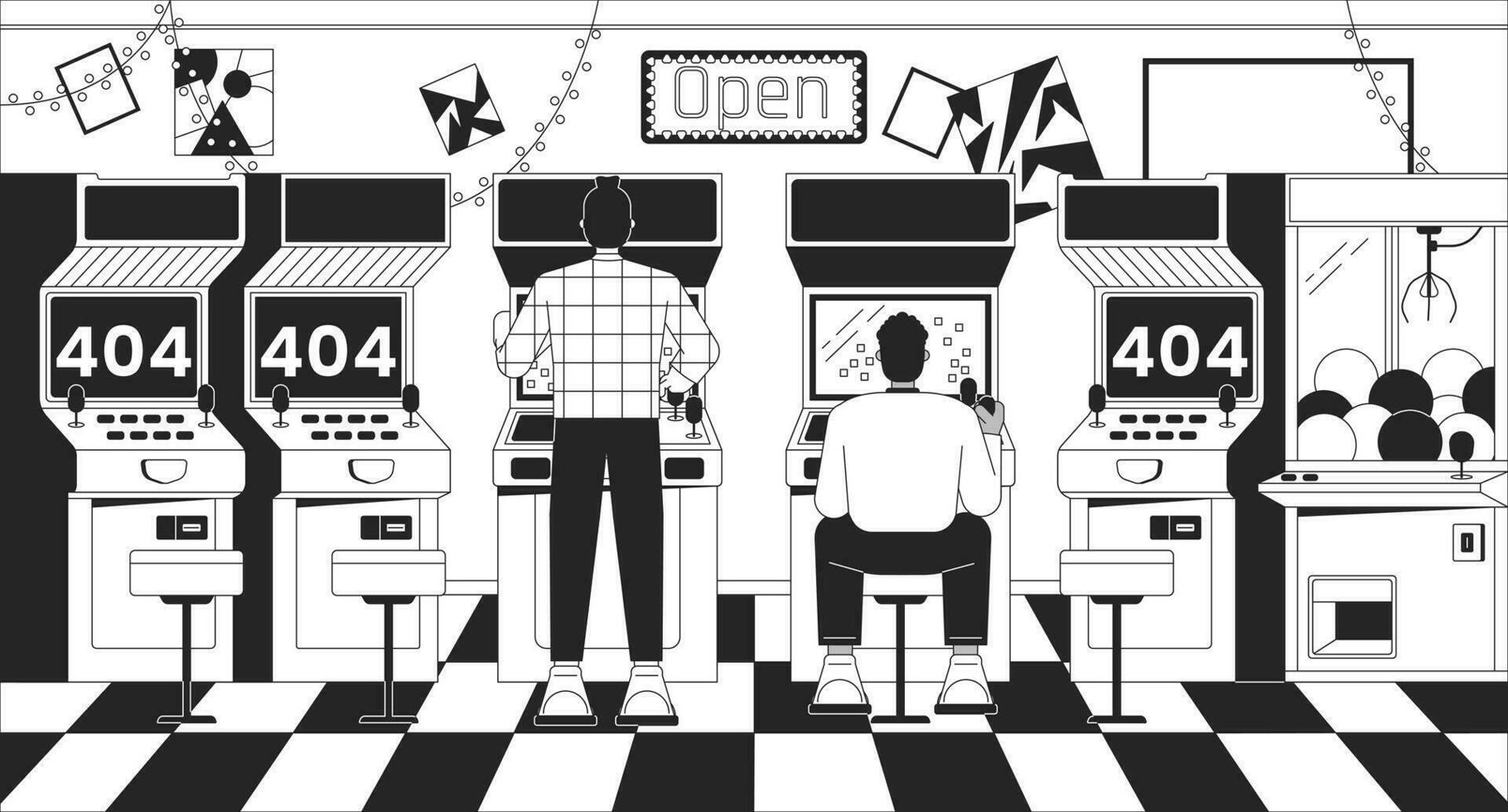 Mens spelen speelhal zwart wit fout 404 flash bericht. video gaming machine. monochroom website landen bladzijde ui ontwerp. niet gevonden tekenfilm afbeelding, dromerig gevoel. vector vlak schets illustratie concept