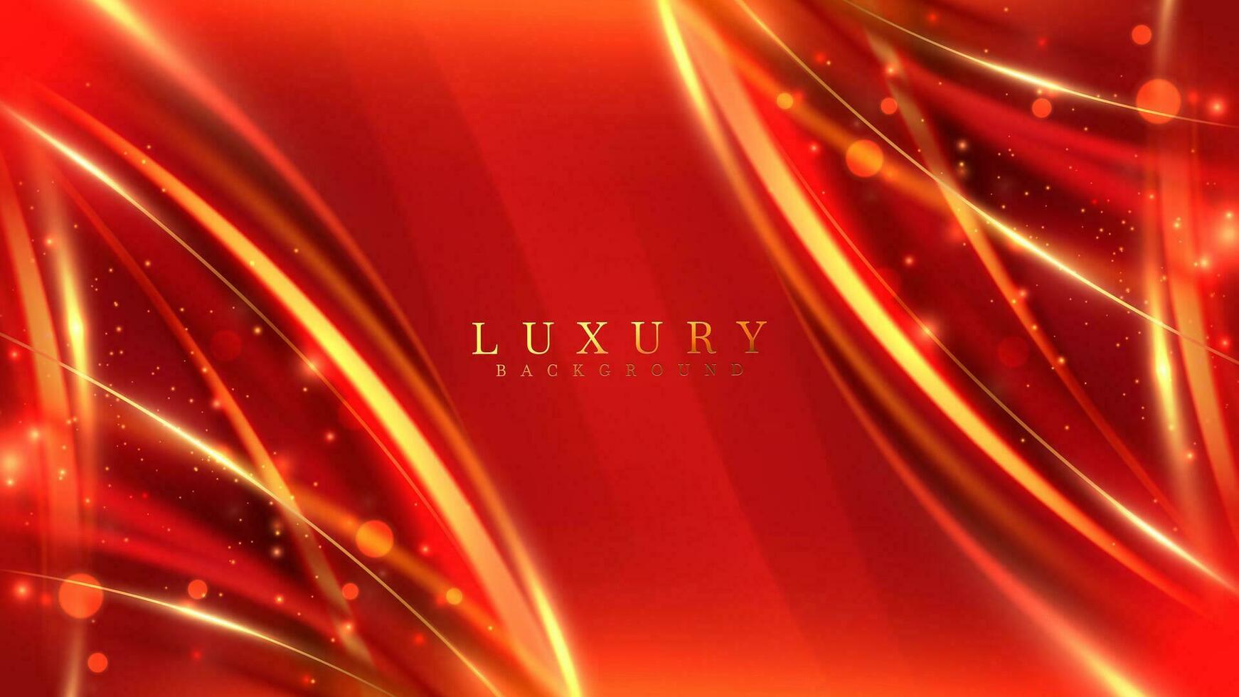 rood abstract achtergrond met gouden curves versierd met schitteren licht effect, luxe stijl ontwerp concept. vector