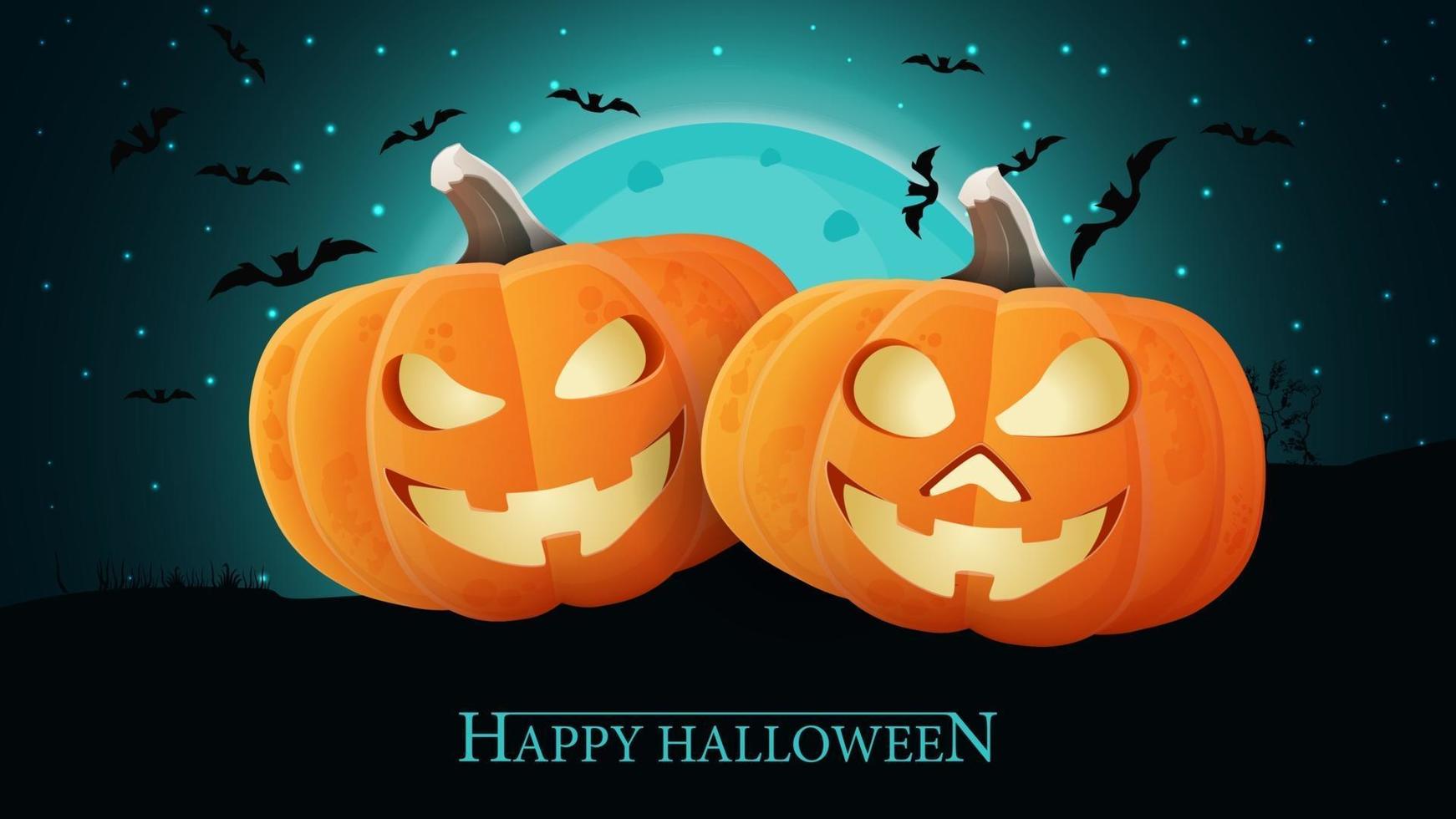 happy halloween, blauwe horizontale ansichtkaart met twee leuke pompoenen tegen het nachtlandschap vector