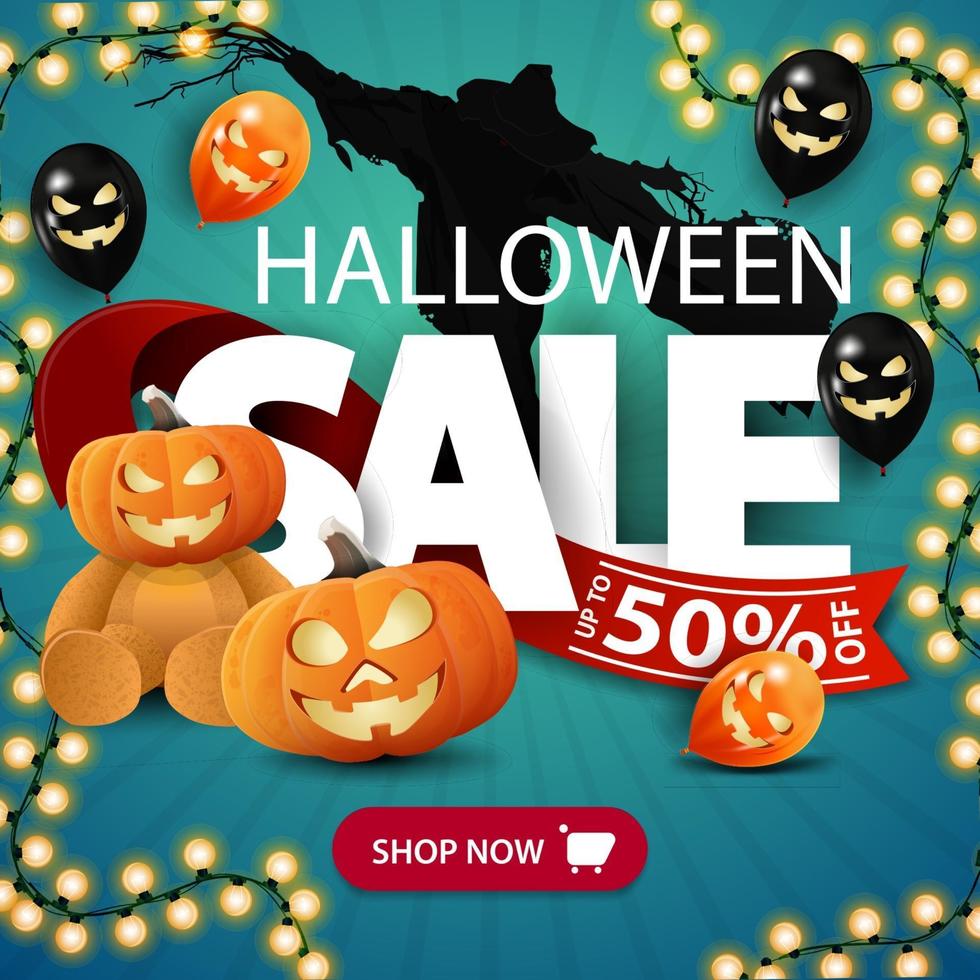 halloween-uitverkoop, blauwe korting vierkante banner met grote letters, pompoenen, halloween-ballonnen, slinger en teddybeer met jack-pompoenkop. vierkante banner voor uw bedrijf vector