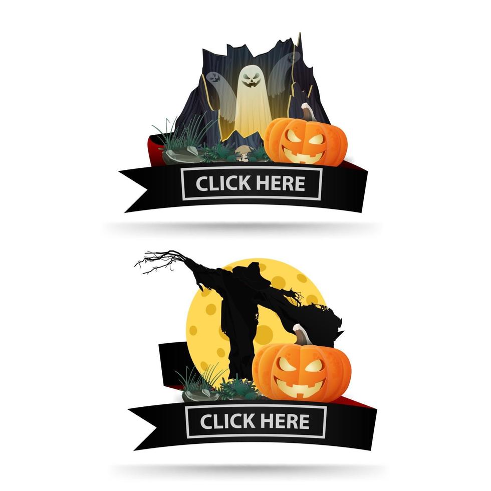 twee halloween-pictogrammen met zwarte linten en klik hier knoppen. originele iconen-links voor uw bedrijf vector