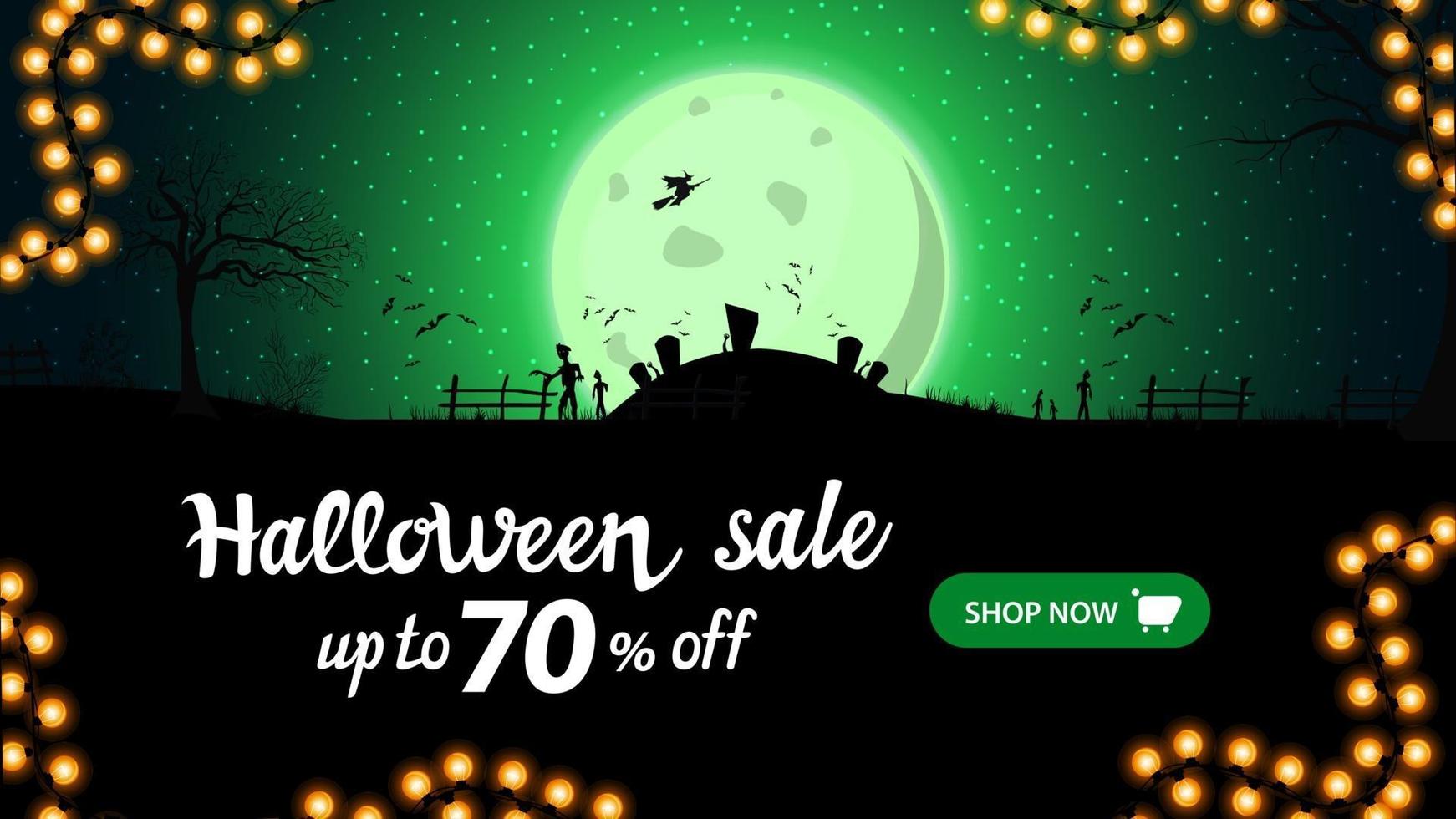 halloween-uitverkoop, tot 70 korting, horizontale kortingsbanner voor uw bedrijf met nachtlandschap met grote groene volle maan, begraafplaats, zombie en heksen. vector