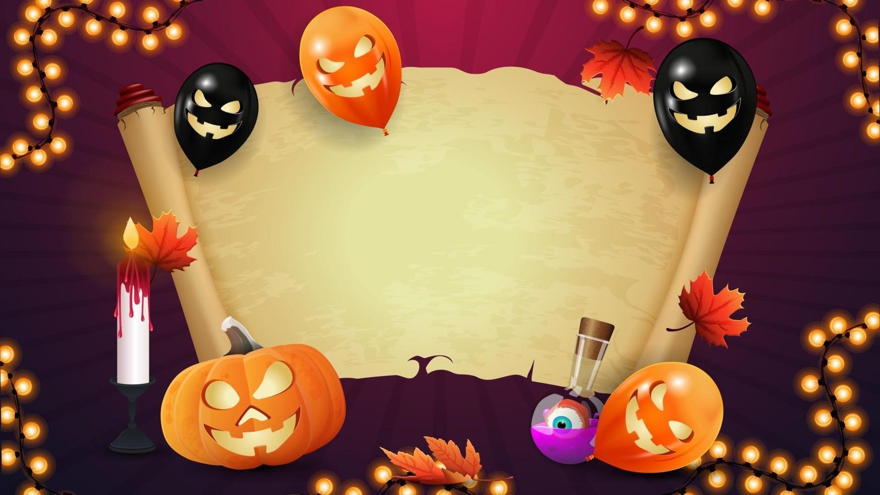 halloween-sjabloon voor uw creativiteit met oud perkament. halloween ballonnen, pompoenen, herfstbladeren en slinger. vector