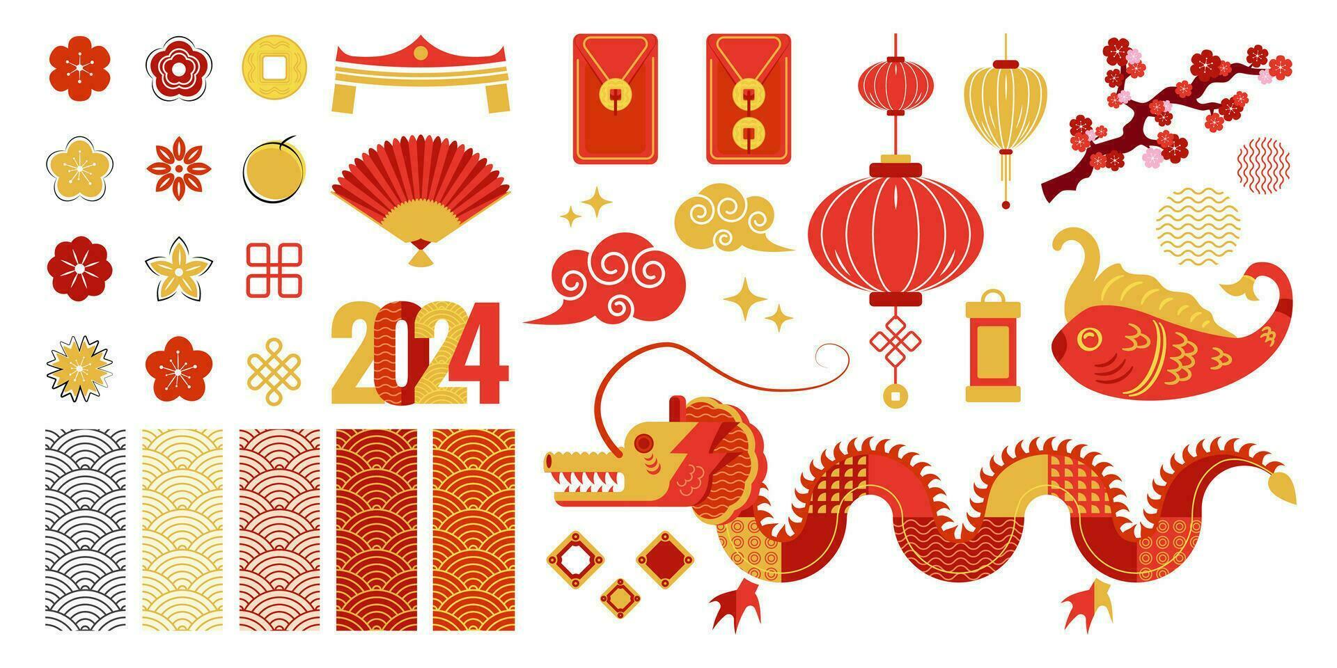 Chinese nieuw jaar ontwerp elementen set, decoratief vector voorwerpen, Aziatisch decoratie