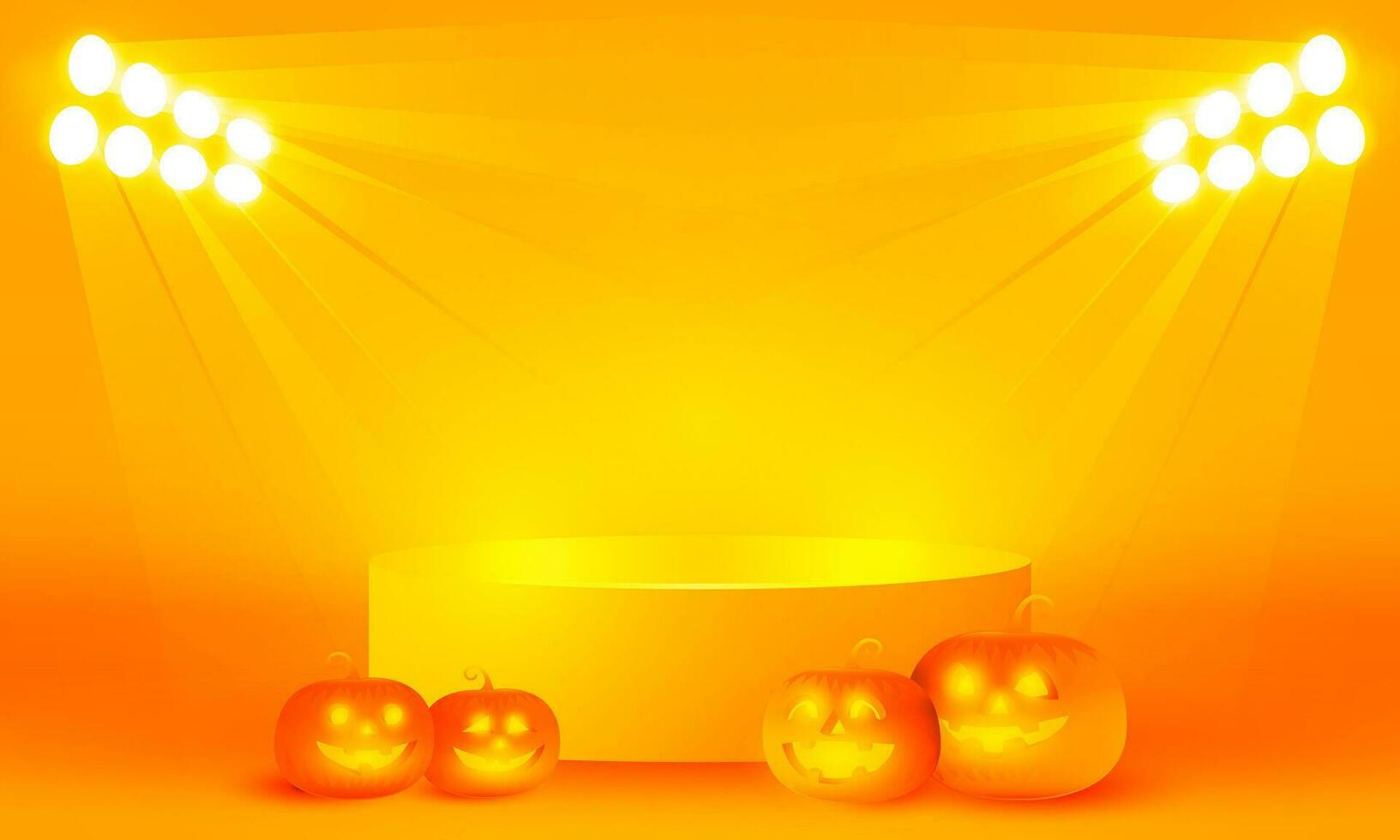 helder stadion neon lichten oranje halloween podium achtergrond, Purper podium drie stap met pompoen grappig gezicht voor Product Scherm, vector illustratie