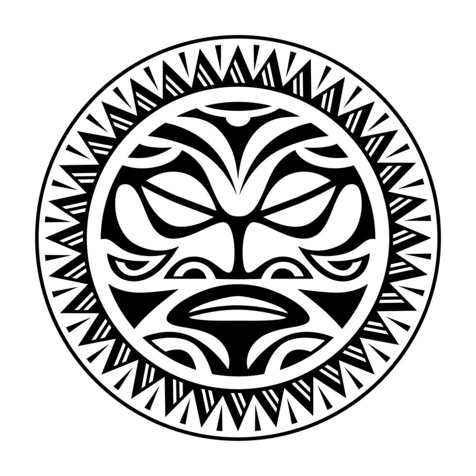 ronde tatoeëren ornament met zon gezicht Maori stijl. Afrikaanse, azteken of mayan etnisch masker. zwart en wit. vector