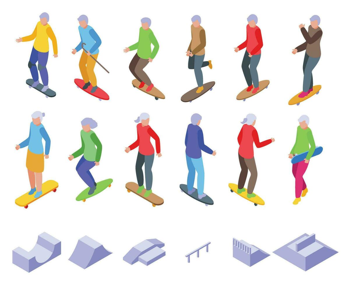 ouderen mensen Aan skateboard pictogrammen reeks isometrische vector. park senior vector