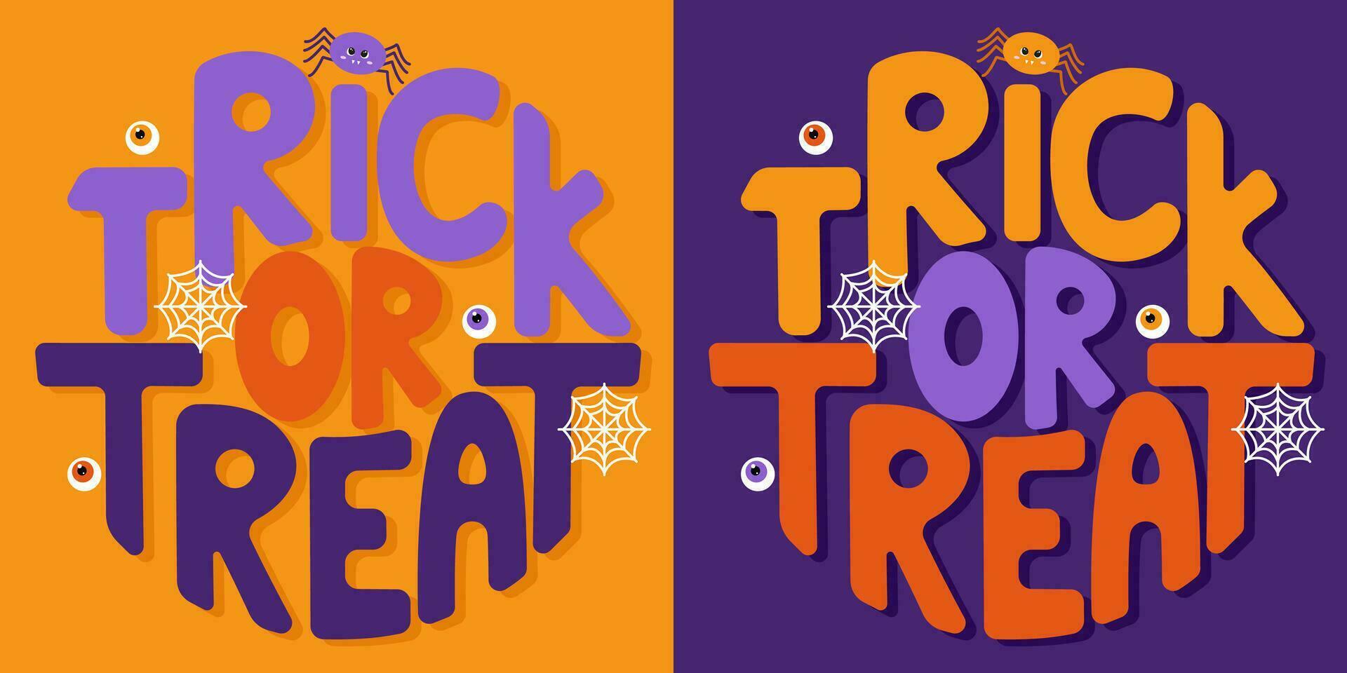 handgeschreven opschrift truc of traktatie in het formulier van cirkel. kleurrijk tekenfilm vector ontwerp. vakantie illustratie voor ieder doel. groovy wijnoogst belettering. gelukkig halloween, schattig spinnen, web, ogen.