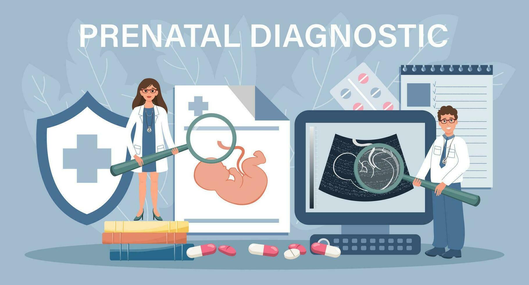 prenataal diagnose voor landen bladzijde. artsen scannen de embryo. sjabloon, banier, vector