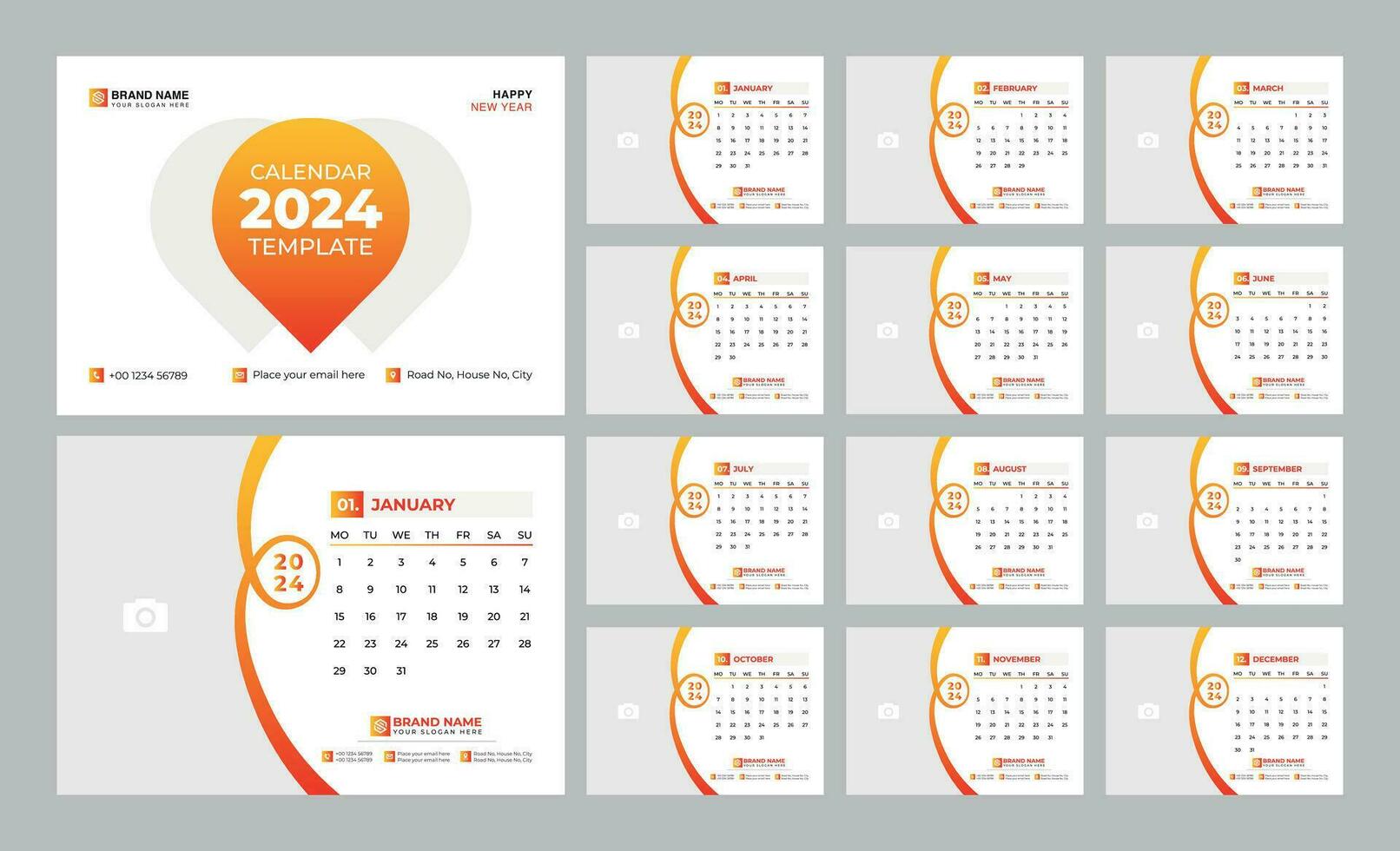 bureau kalender 2024 sjabloon. 12 maanden inbegrepen. bewerkbare 2024 kalender ontwerp. vector illustratie