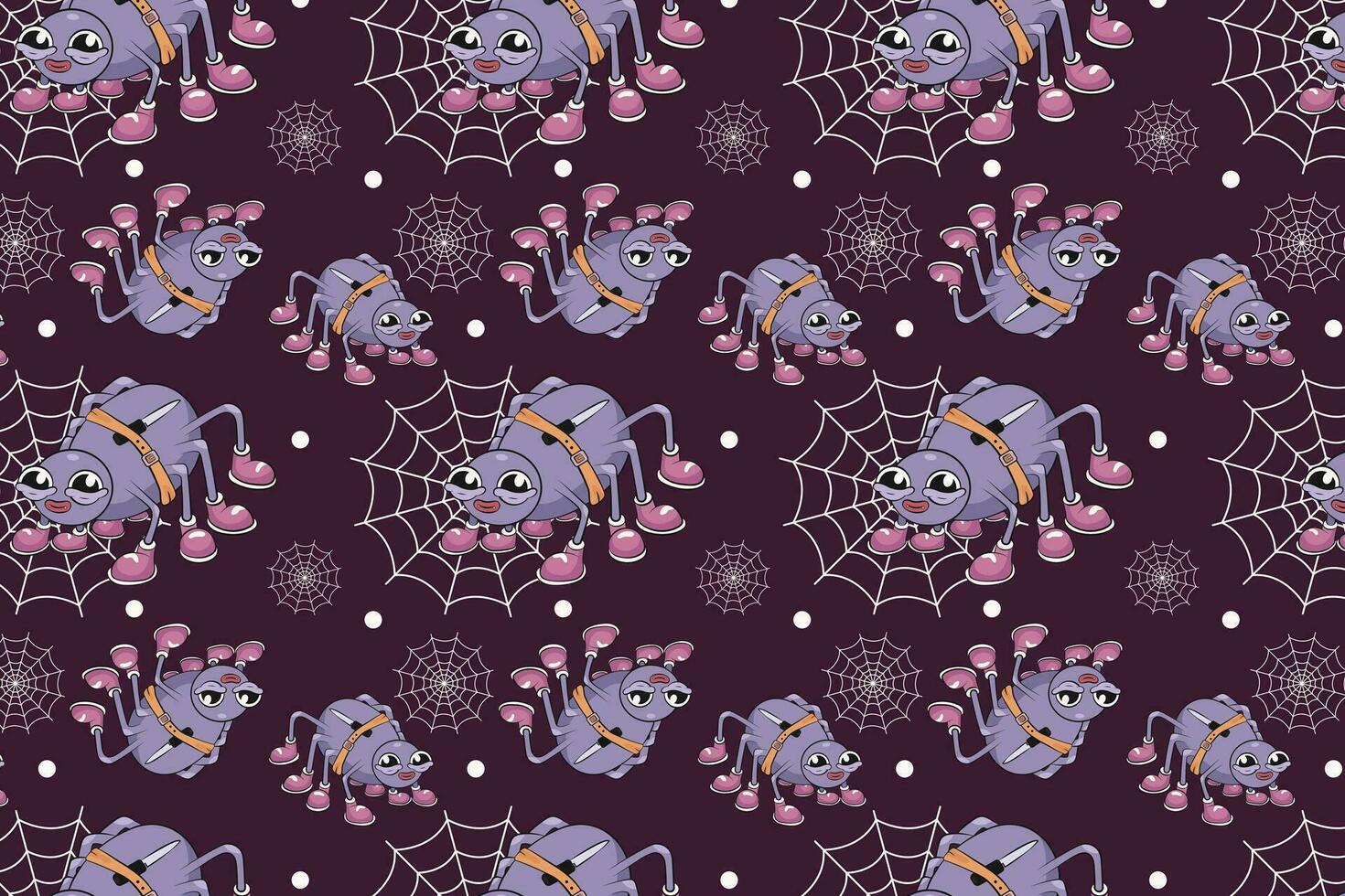 grappig groovy stijl patroon. halloween vakantie, evenement. naadloos patroon met spinnen, spin web, Purper achtergrond. groovy stijl, tekenfilm stijl vector