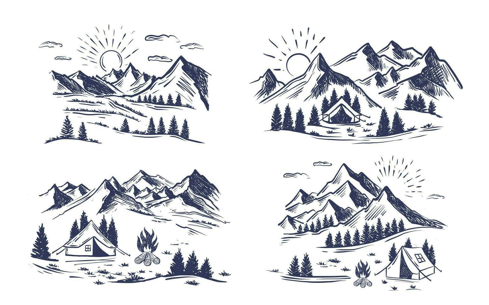 kamperen in de natuur, berglandschap, schetsstijl, vectorillustraties. vector