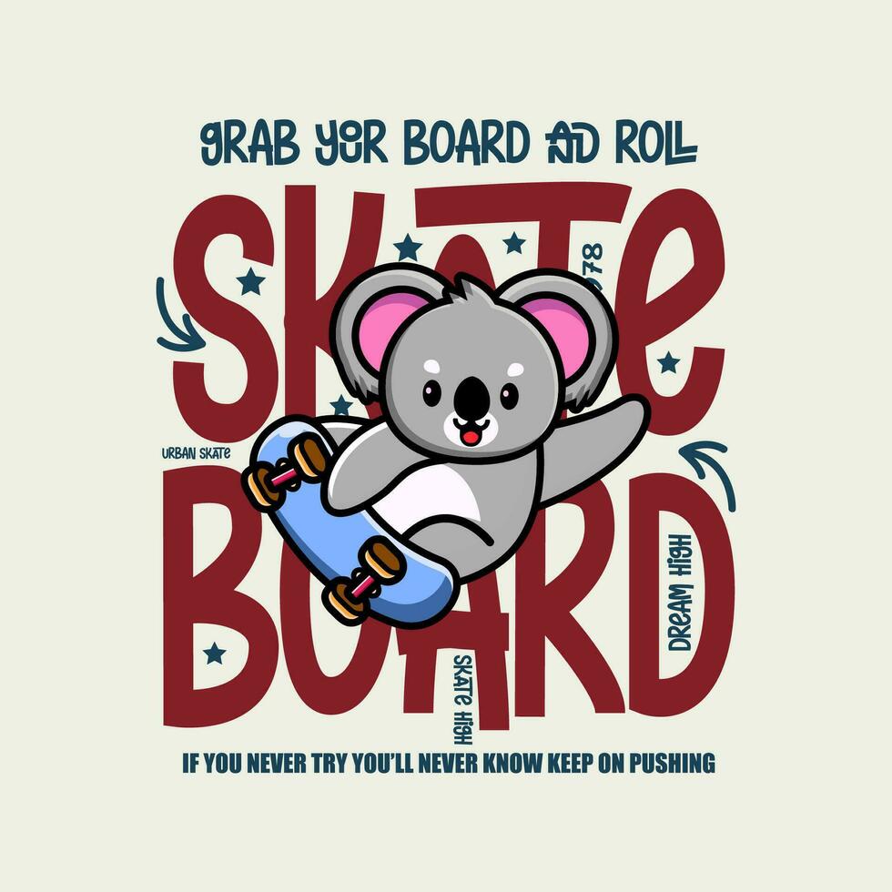 schattig koala skateboarder tekenfilm karakter t-shirt ontwerp vector