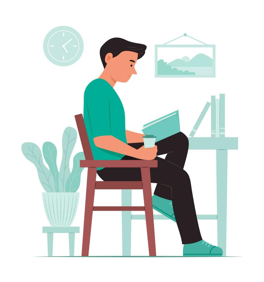Mens zittend Aan stoel en lezing een boek vector