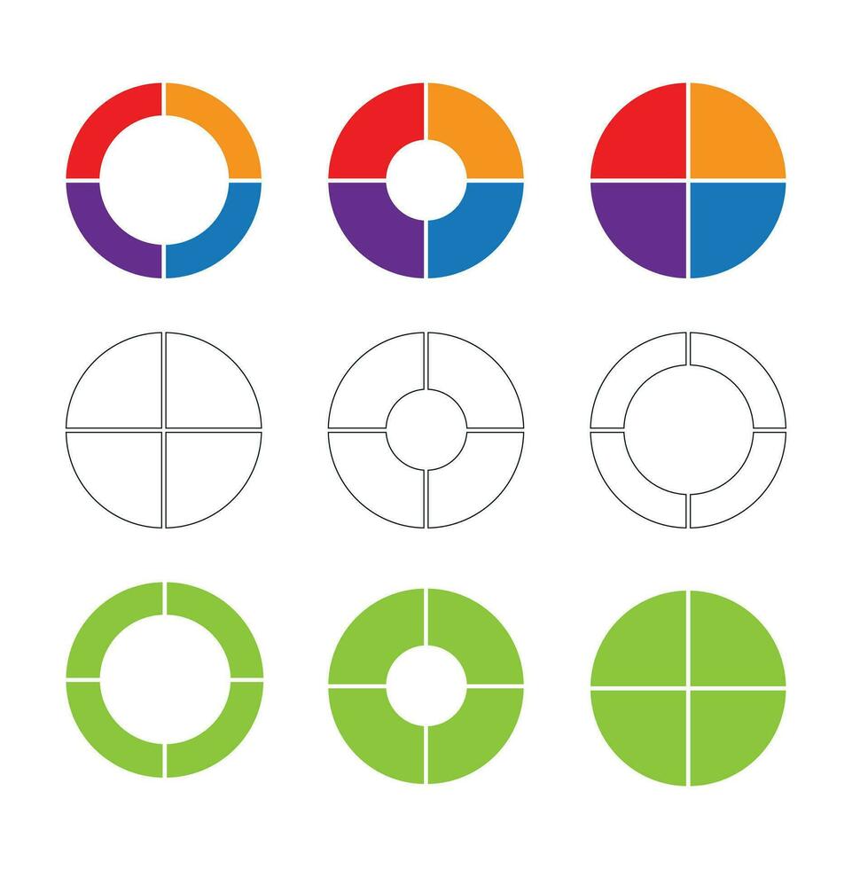 vector reeks van vier onderdelen van een cirkel. taart tabel met vier dezelfde grootte sectoren Aan een wit achtergrond.