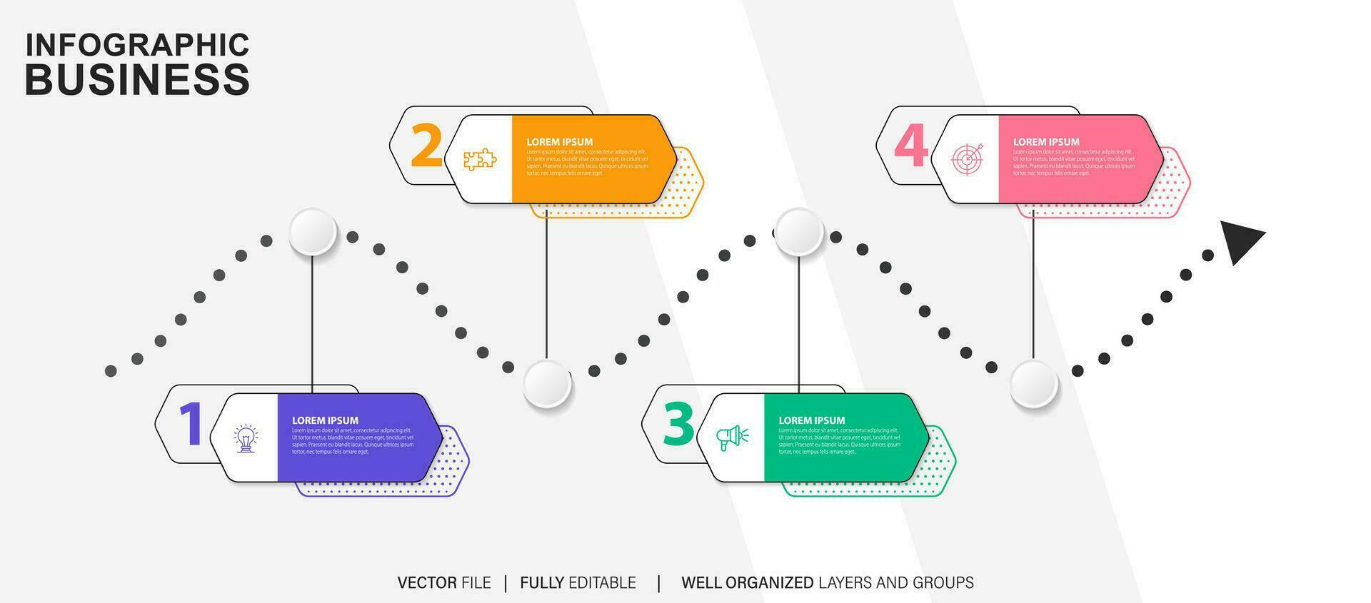concept van pijl bedrijf model- met 4 opeenvolgende stappen. vier kleurrijk grafisch elementen. tijdlijn ontwerp voor brochure, presentatie. infographic ontwerp lay-out vector