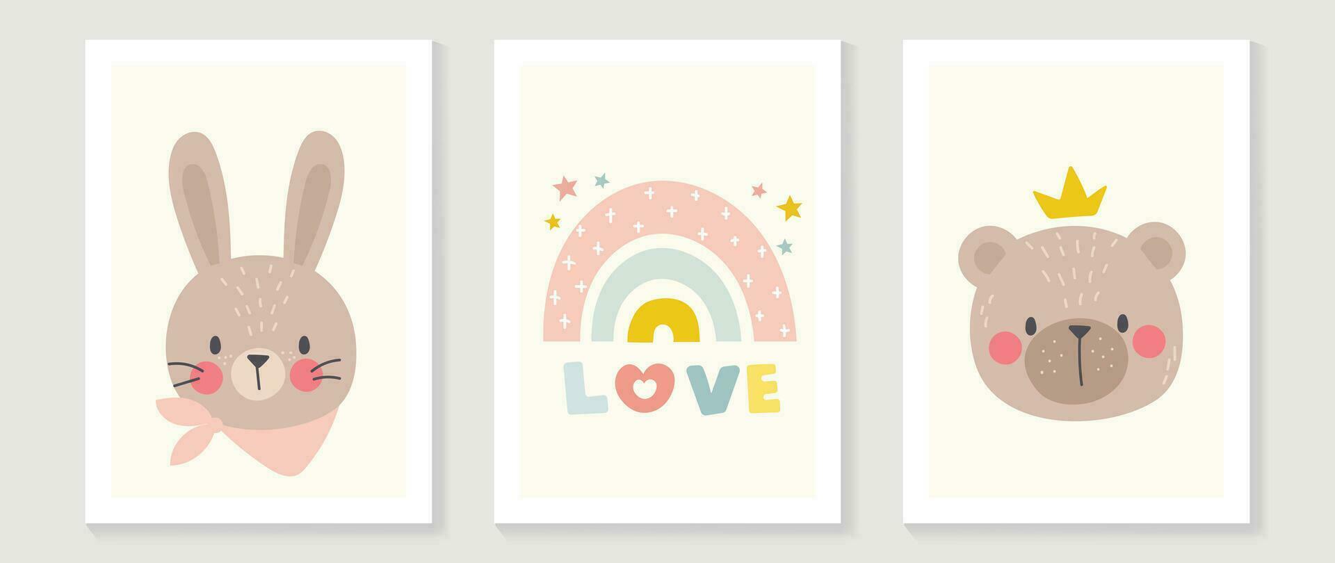 kinderen muur kunst vector verzameling. schattig hand- getrokken ontwerp met konijn, regenboog, beer, ster, kroon. behang achtergrond ontwerp voor kind kamer decoratie, kinderkamer muur kunst, baby en speelgoed- kaart en omslag.