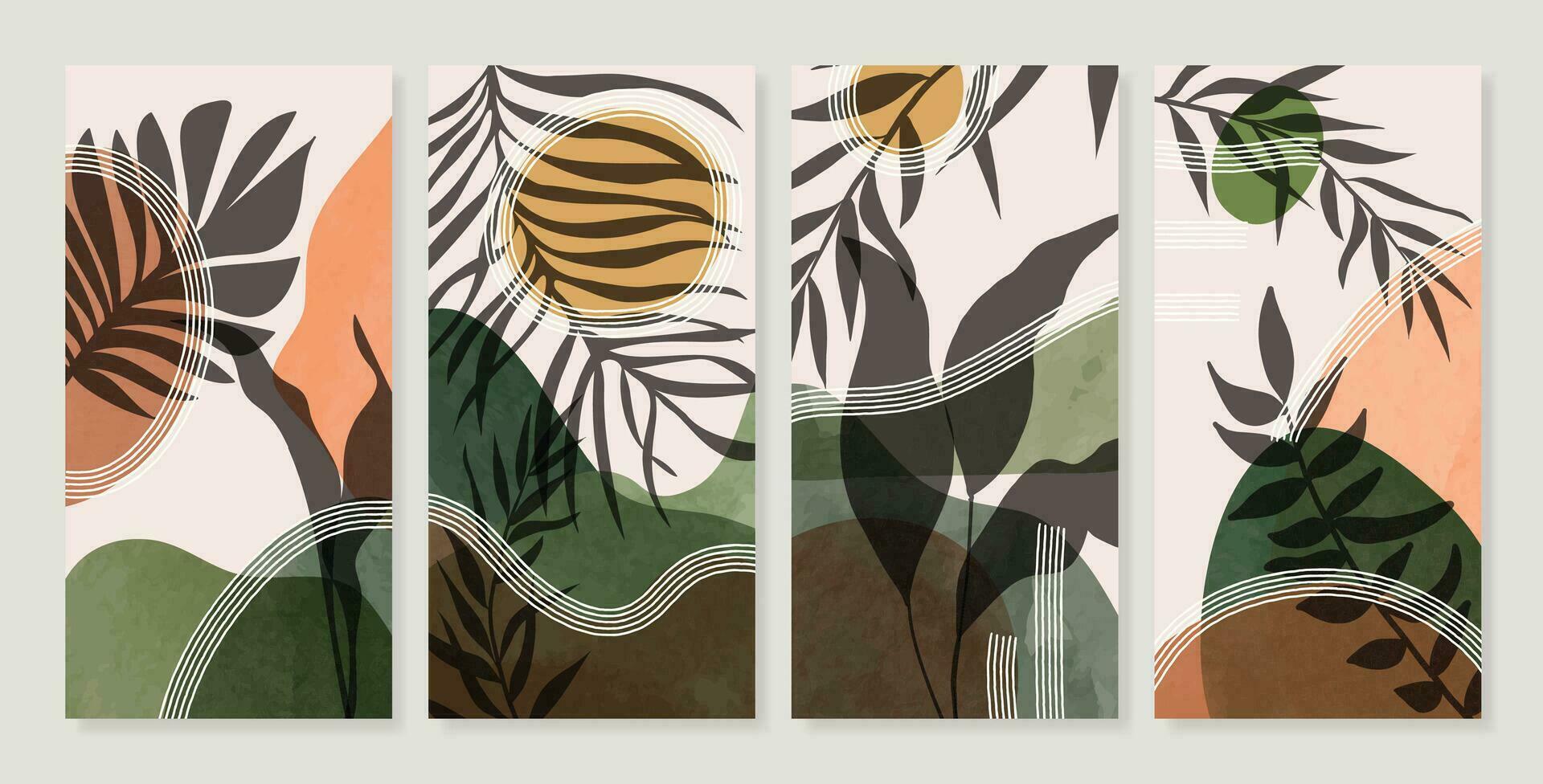 reeks van abstract gebladerte muur kunst vector. bladeren, biologisch vormen, aarde toon kleuren, tropisch blad in hand- getrokken stijl. waterverf muur decoratie verzameling ontwerp voor interieur, poster, omslag, spandoek. vector